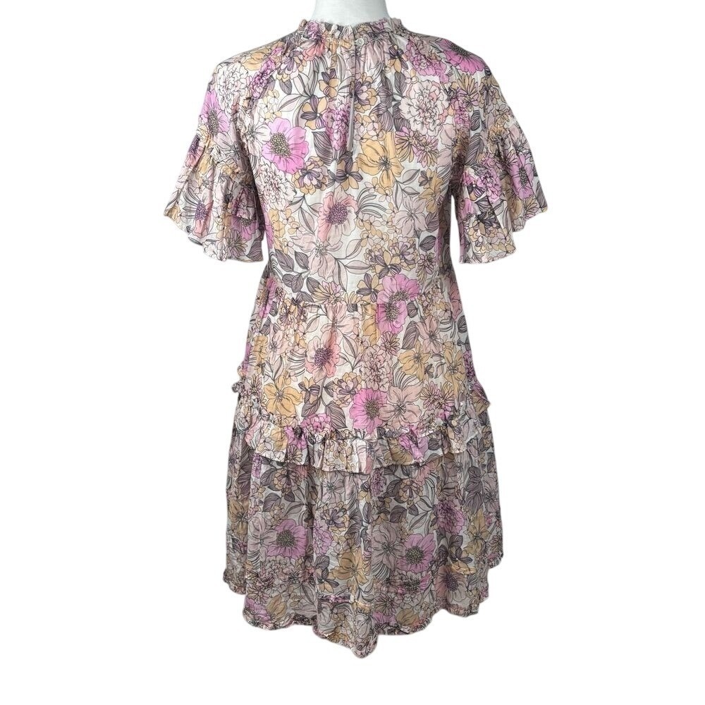 Anthropologie Cottagecore Dress Floral Tiered Ruffle Boho Poppies Lillies Mini S - Picture 4 of 10